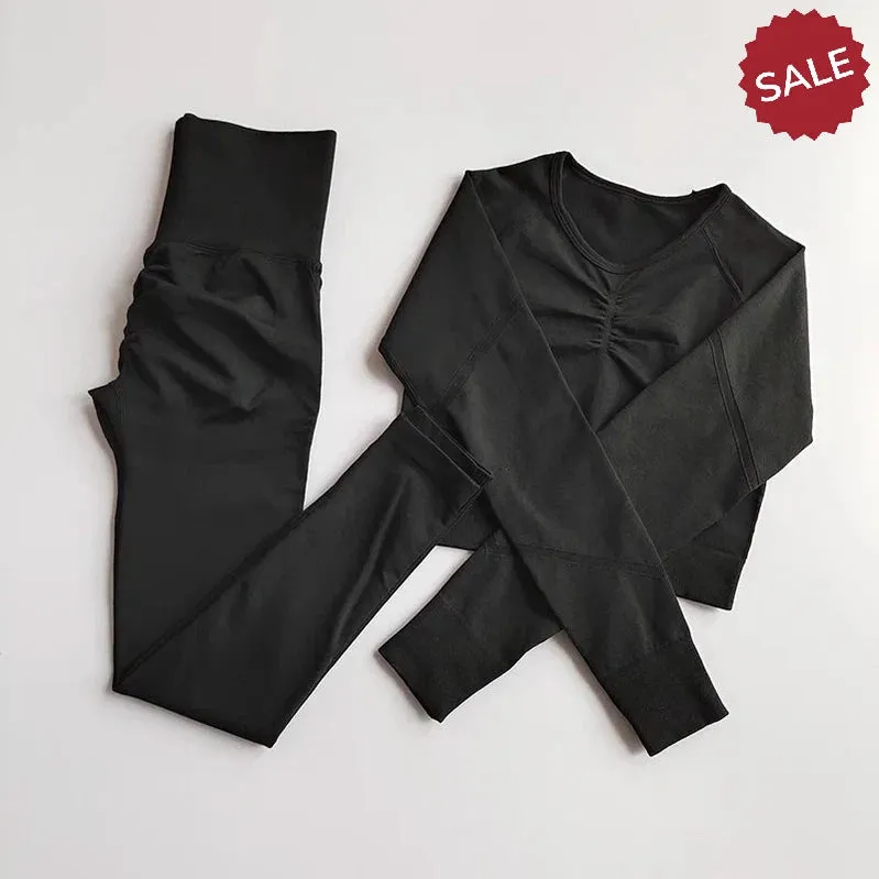 2-Piece Womens Seamless Yoga Set: Long Sleeve Crop Top & High-Waist Leggings