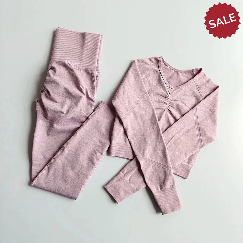 2-Piece Womens Seamless Yoga Set: Long Sleeve Crop Top & High-Waist Leggings