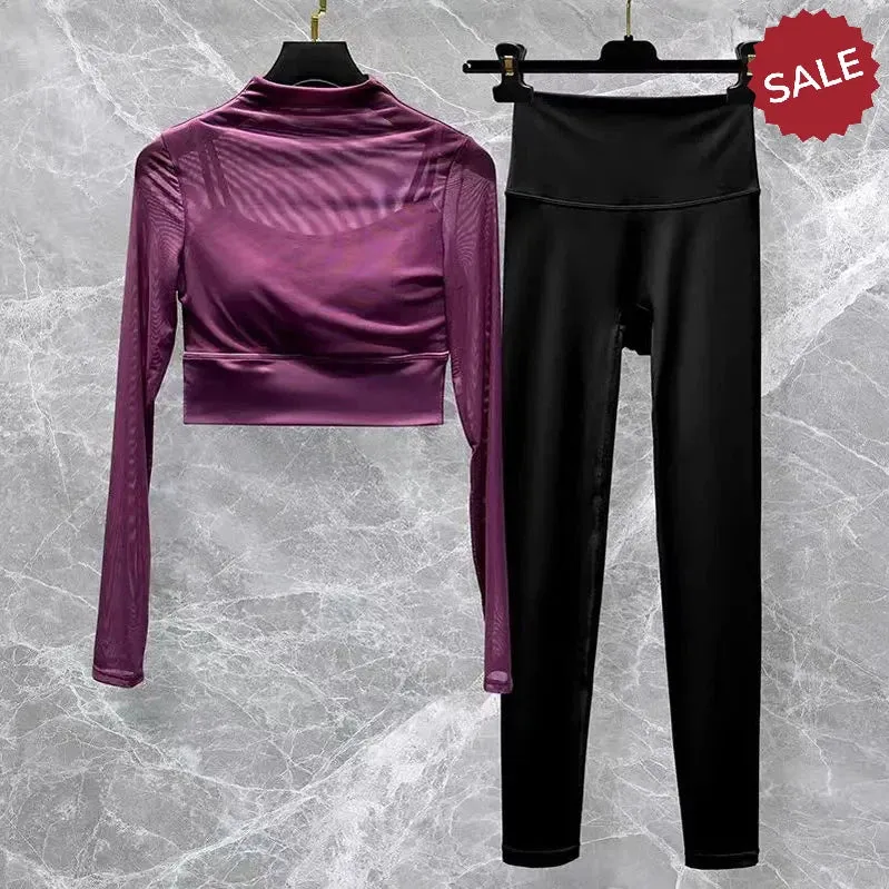 2-Piece Womens Seamless Yoga Set: Long Sleeve Crop Top & High-Waist Leggings