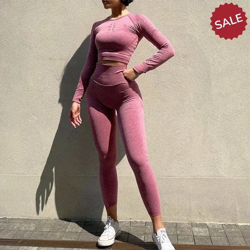 2-Piece Womens Seamless Yoga Set: Long Sleeve Crop Top & High-Waist Leggings