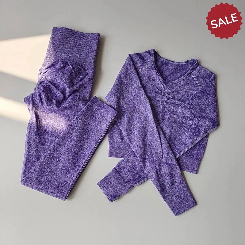 2-Piece Womens Seamless Yoga Set: Long Sleeve Crop Top & High-Waist Leggings