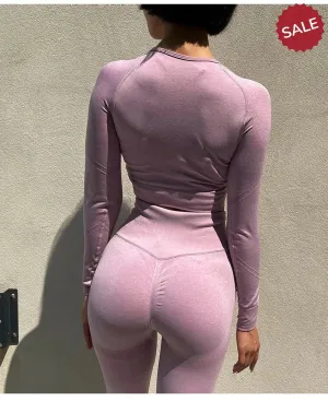 2-Piece Womens Seamless Yoga Set: Long Sleeve Crop Top & High-Waist Leggings