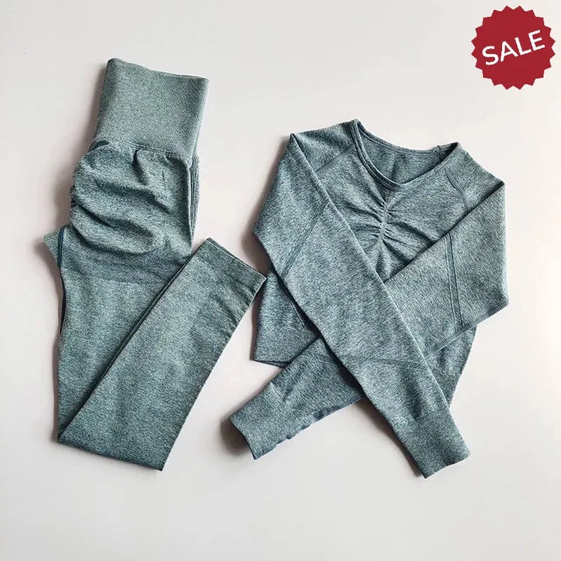 2-Piece Womens Seamless Yoga Set: Long Sleeve Crop Top & High-Waist Leggings