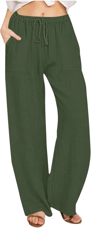 2025 Summer Beach Pants for Women Casual Drawstring Loose Fit Palazzo Pants Dressy Elastic Waist Trousers with Pocket
