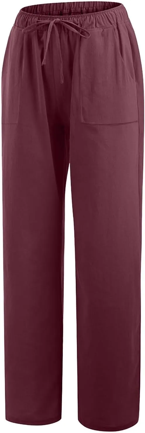 2025 Summer Beach Pants for Women Casual Drawstring Loose Fit Palazzo Pants Dressy Elastic Waist Trousers with Pocket