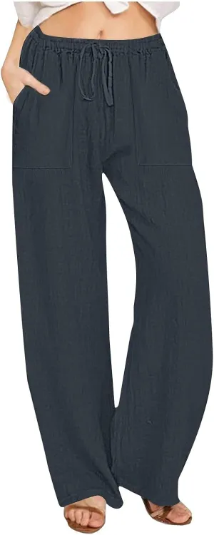 2025 Summer Beach Pants for Women Casual Drawstring Loose Fit Palazzo Pants Dressy Elastic Waist Trousers with Pocket