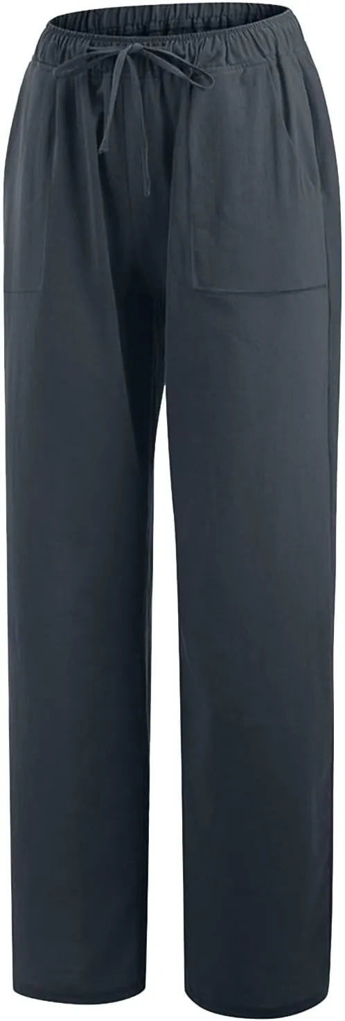 2025 Summer Beach Pants for Women Casual Drawstring Loose Fit Palazzo Pants Dressy Elastic Waist Trousers with Pocket