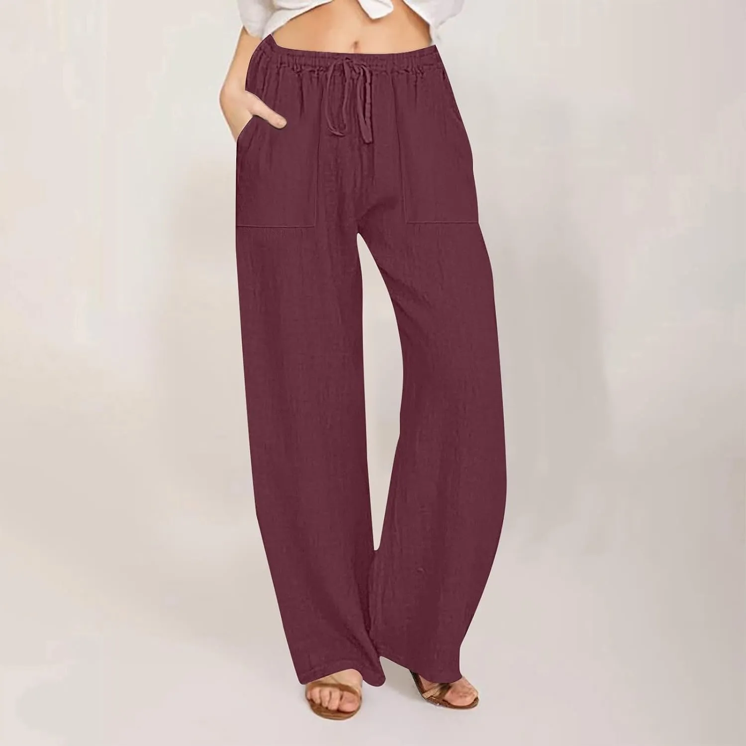 2025 Summer Beach Pants for Women Casual Drawstring Loose Fit Palazzo Pants Dressy Elastic Waist Trousers with Pocket