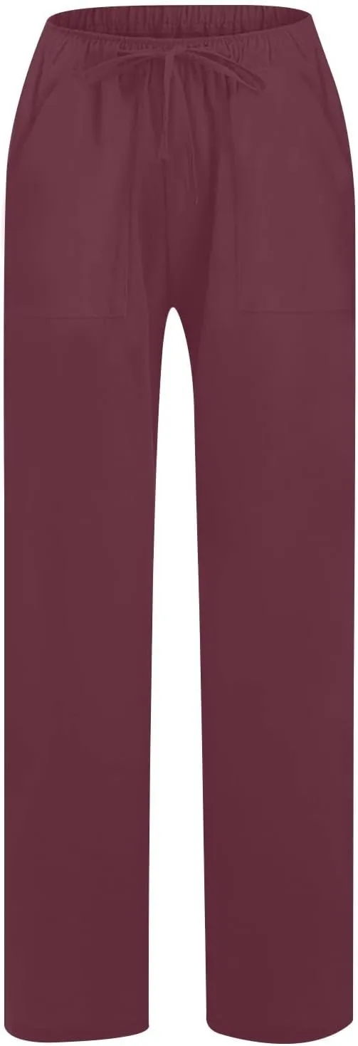 2025 Summer Beach Pants for Women Casual Drawstring Loose Fit Palazzo Pants Dressy Elastic Waist Trousers with Pocket