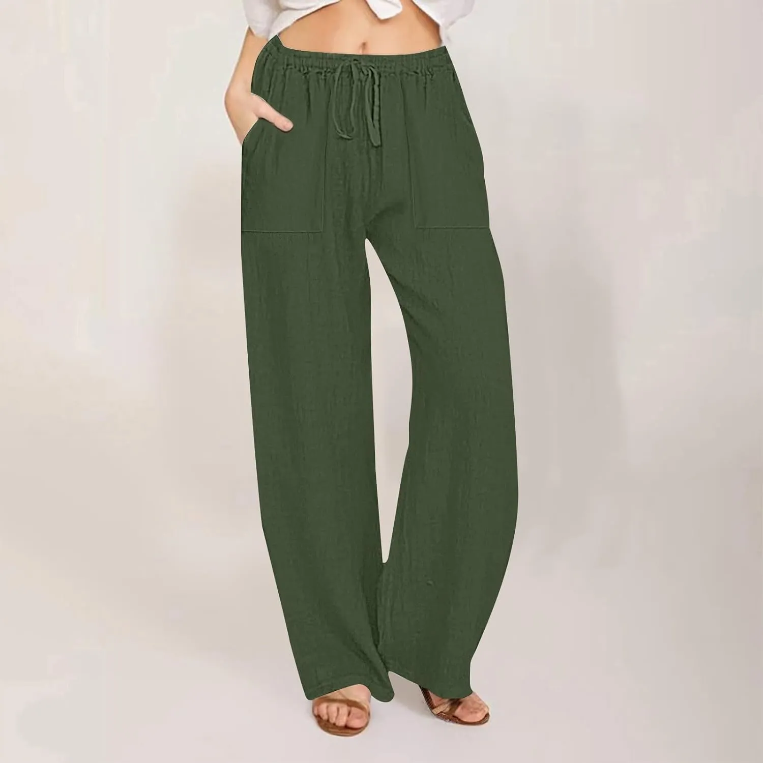 2025 Summer Beach Pants for Women Casual Drawstring Loose Fit Palazzo Pants Dressy Elastic Waist Trousers with Pocket