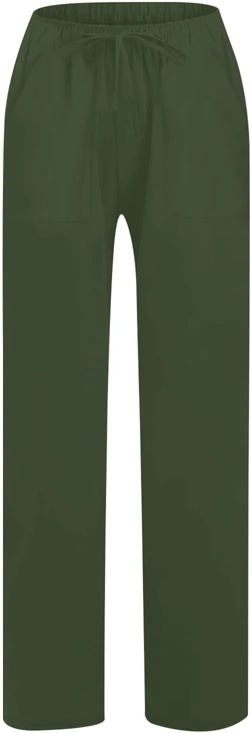 2025 Summer Beach Pants for Women Casual Drawstring Loose Fit Palazzo Pants Dressy Elastic Waist Trousers with Pocket
