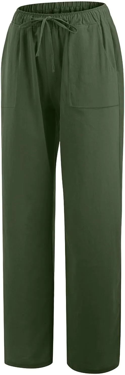 2025 Summer Beach Pants for Women Casual Drawstring Loose Fit Palazzo Pants Dressy Elastic Waist Trousers with Pocket