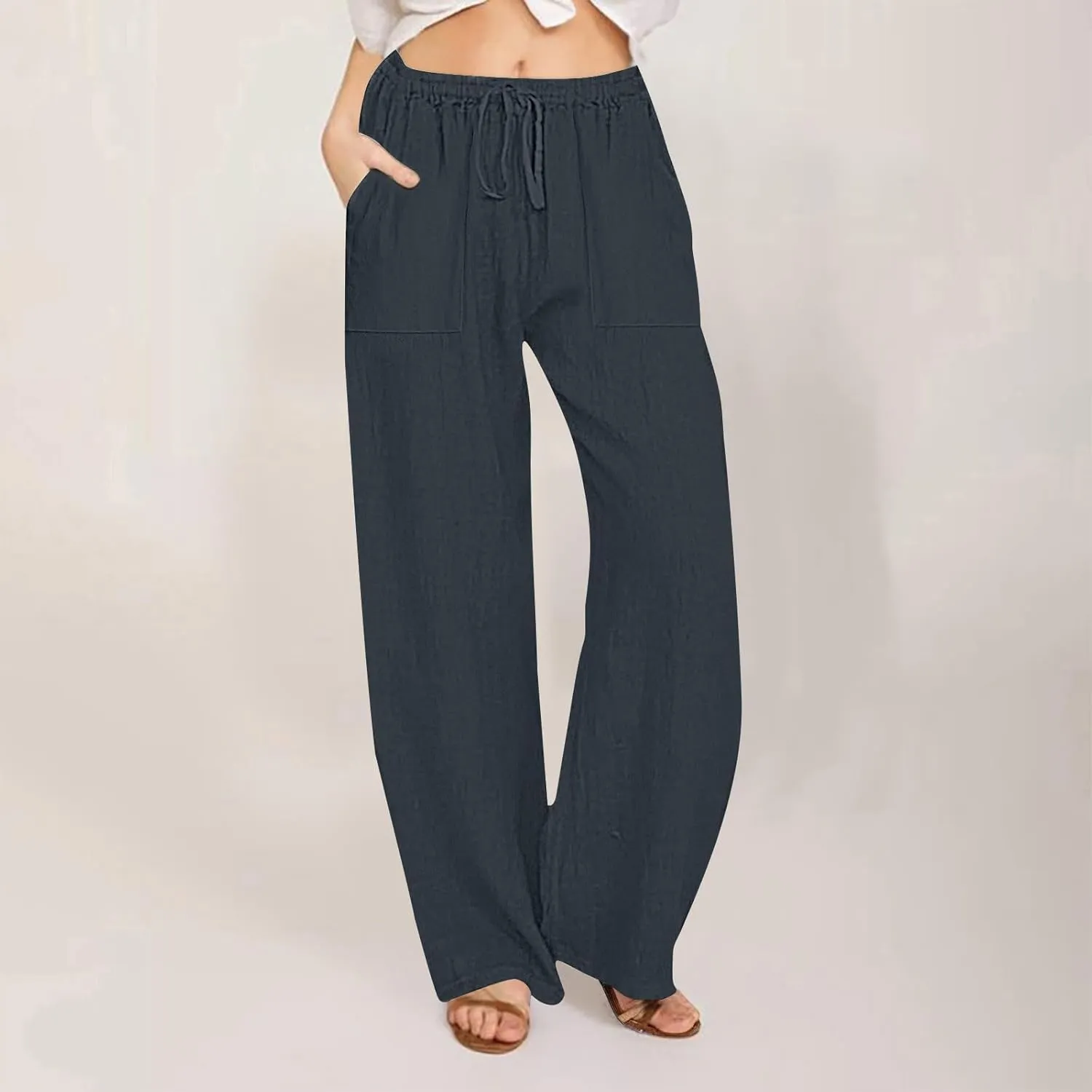 2025 Summer Beach Pants for Women Casual Drawstring Loose Fit Palazzo Pants Dressy Elastic Waist Trousers with Pocket