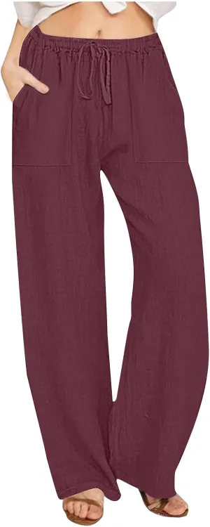 2025 Summer Beach Pants for Women Casual Drawstring Loose Fit Palazzo Pants Dressy Elastic Waist Trousers with Pocket