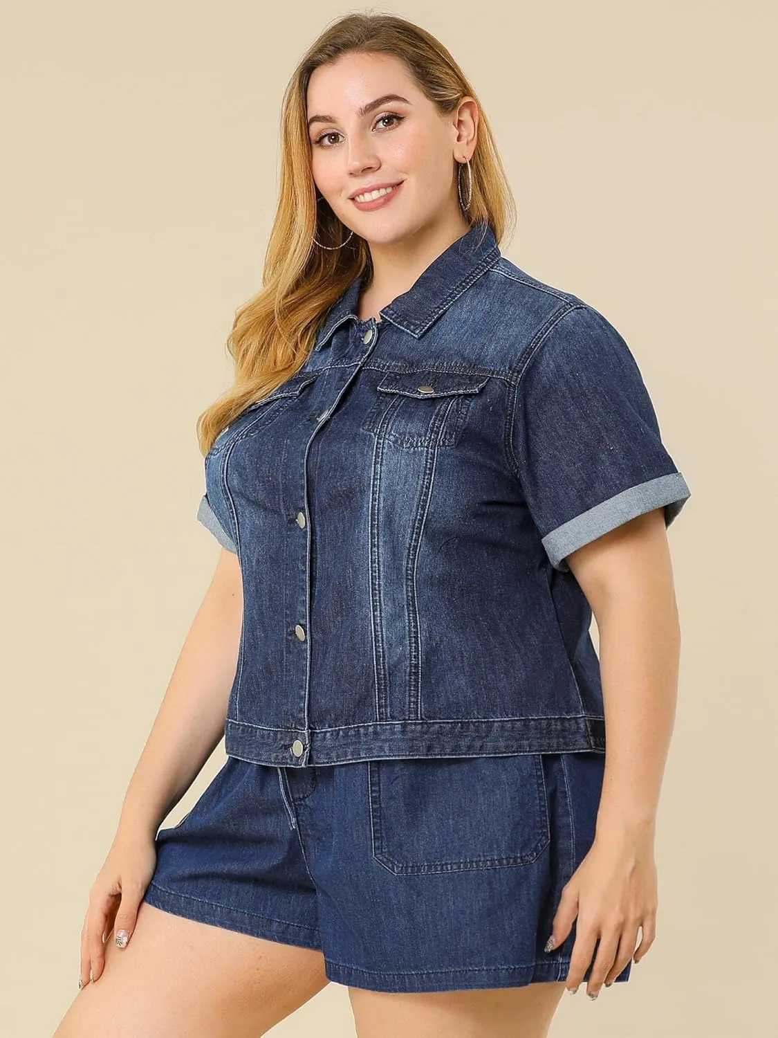 Agnes Orinda Women's Plus Size Denim Jacket Short Sleeve Lapel Button Front Work Western Outfit Jean Jackets