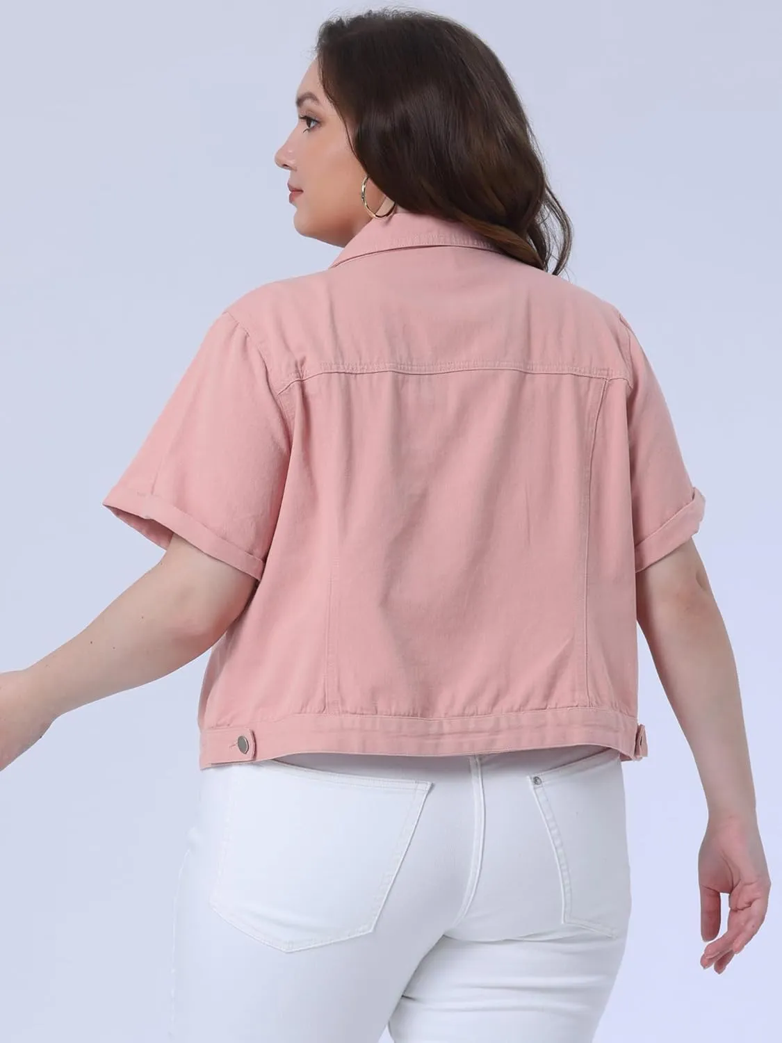 Agnes Orinda Women's Plus Size Denim Jacket Short Sleeve Lapel Button Front Work Western Outfit Jean Jackets