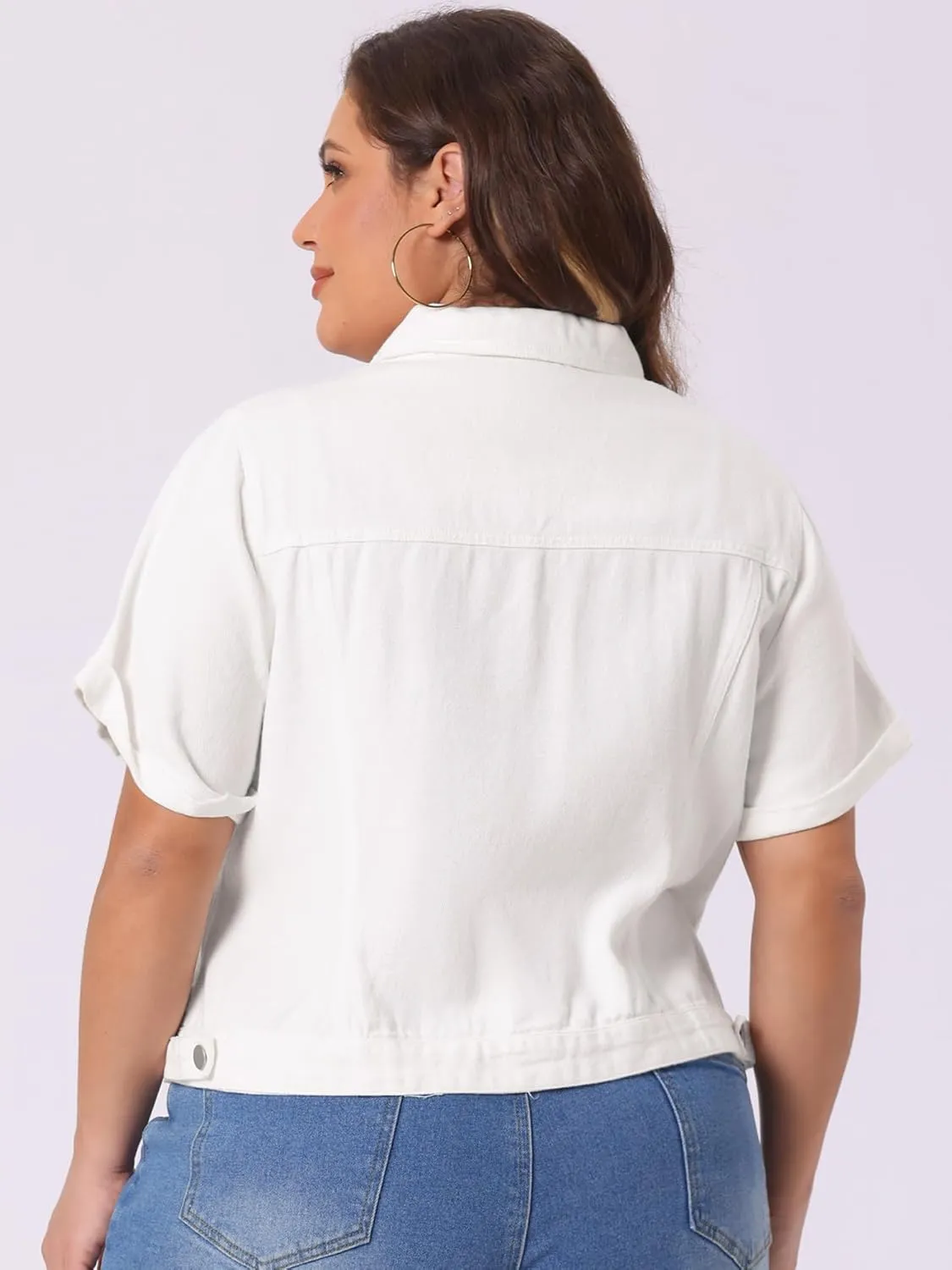 Agnes Orinda Women's Plus Size Denim Jacket Short Sleeve Lapel Button Front Work Western Outfit Jean Jackets