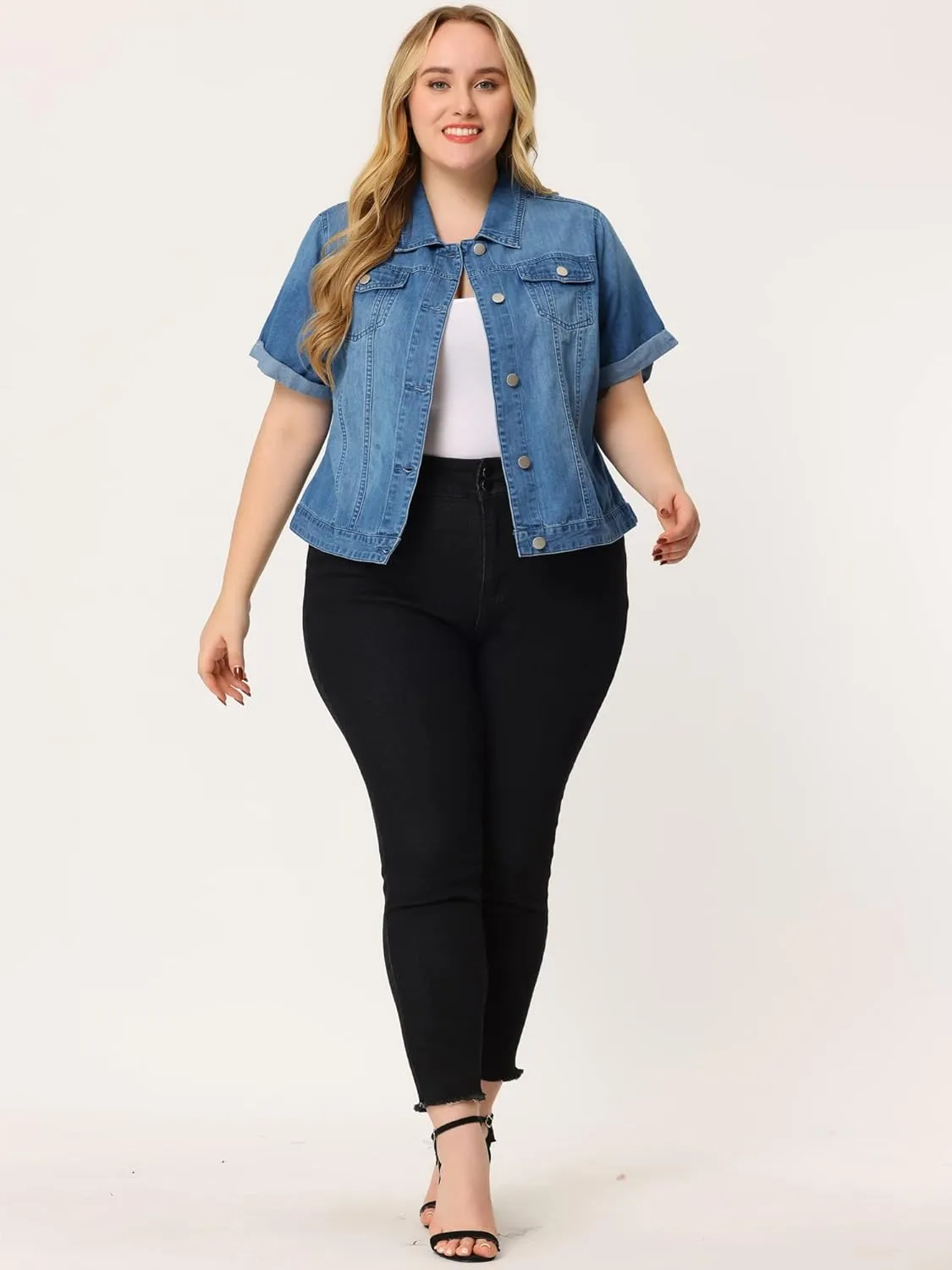 Agnes Orinda Women's Plus Size Denim Jacket Short Sleeve Lapel Button Front Work Western Outfit Jean Jackets