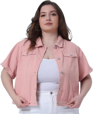 Agnes Orinda Women's Plus Size Denim Jacket Short Sleeve Lapel Button Front Work Western Outfit Jean Jackets