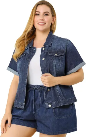 Agnes Orinda Women's Plus Size Denim Jacket Short Sleeve Lapel Button Front Work Western Outfit Jean Jackets