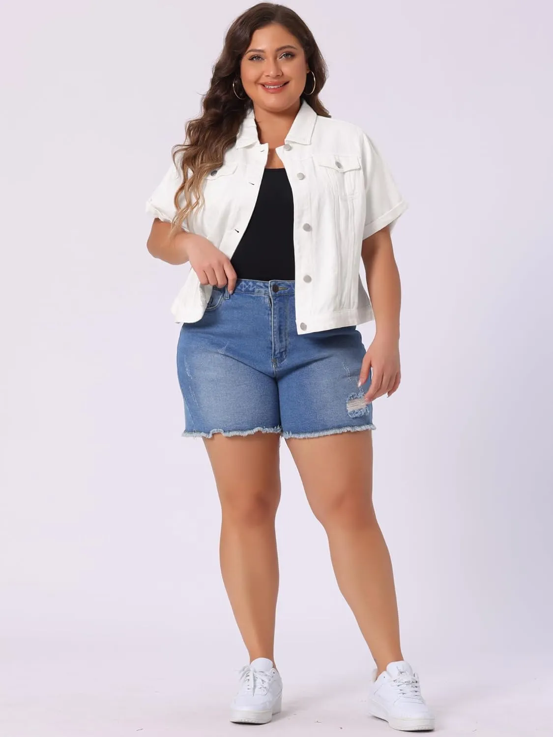 Agnes Orinda Women's Plus Size Denim Jacket Short Sleeve Lapel Button Front Work Western Outfit Jean Jackets