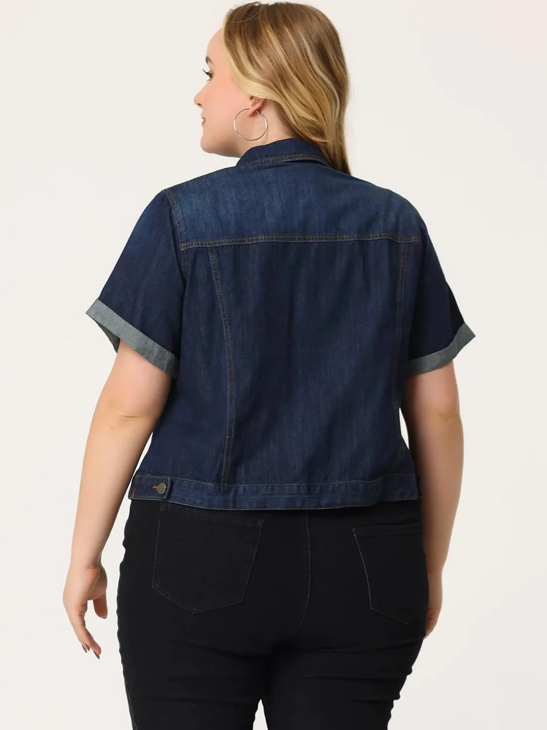 Agnes Orinda Women's Plus Size Denim Jacket Short Sleeve Lapel Button Front Work Western Outfit Jean Jackets