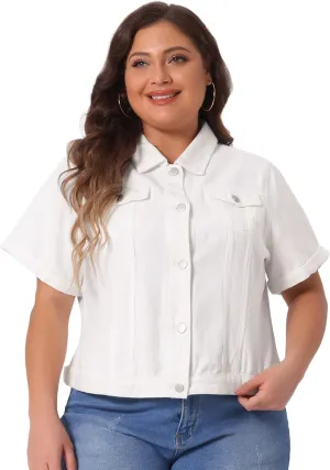 Agnes Orinda Women's Plus Size Denim Jacket Short Sleeve Lapel Button Front Work Western Outfit Jean Jackets
