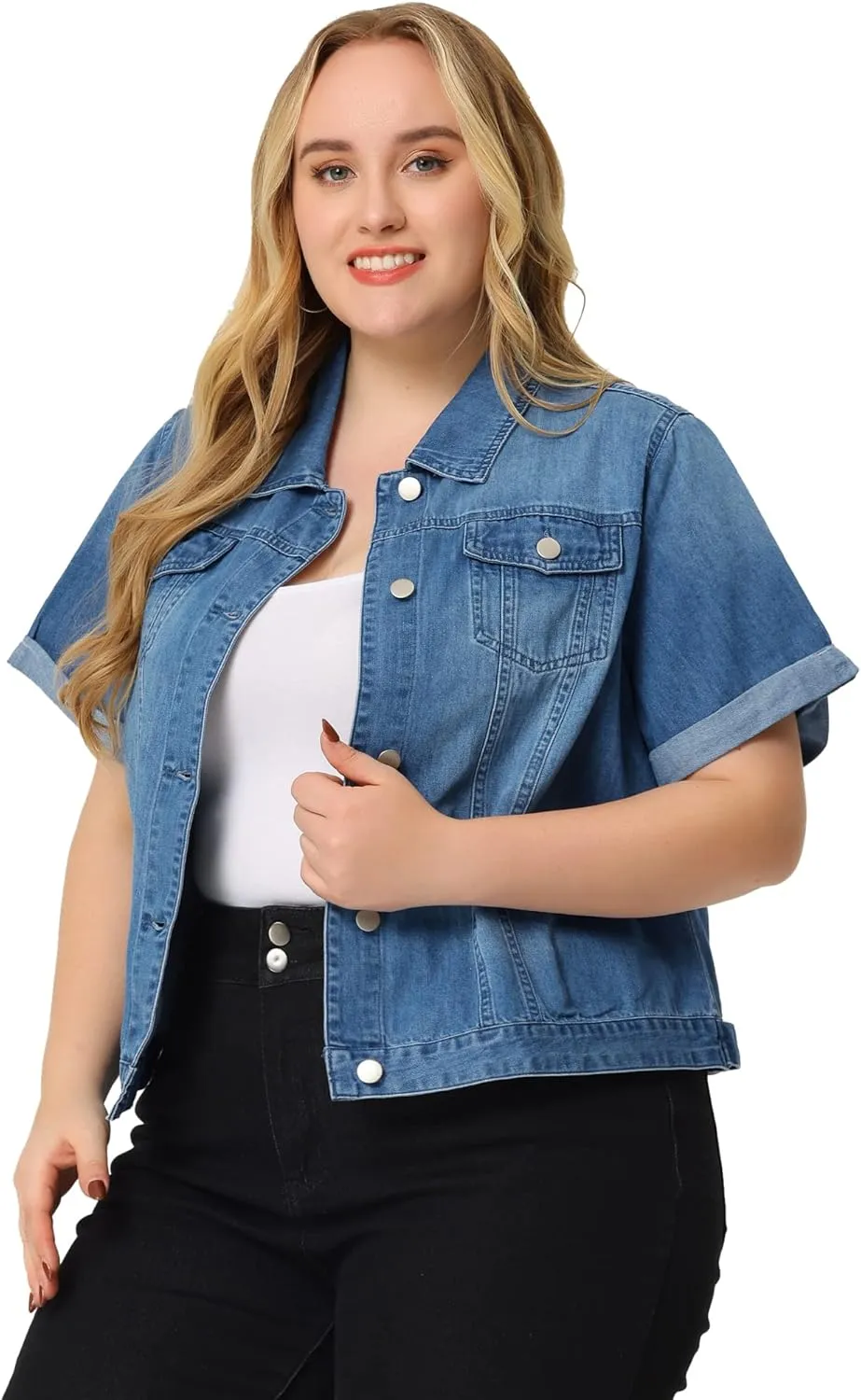 Agnes Orinda Women's Plus Size Denim Jacket Short Sleeve Lapel Button Front Work Western Outfit Jean Jackets