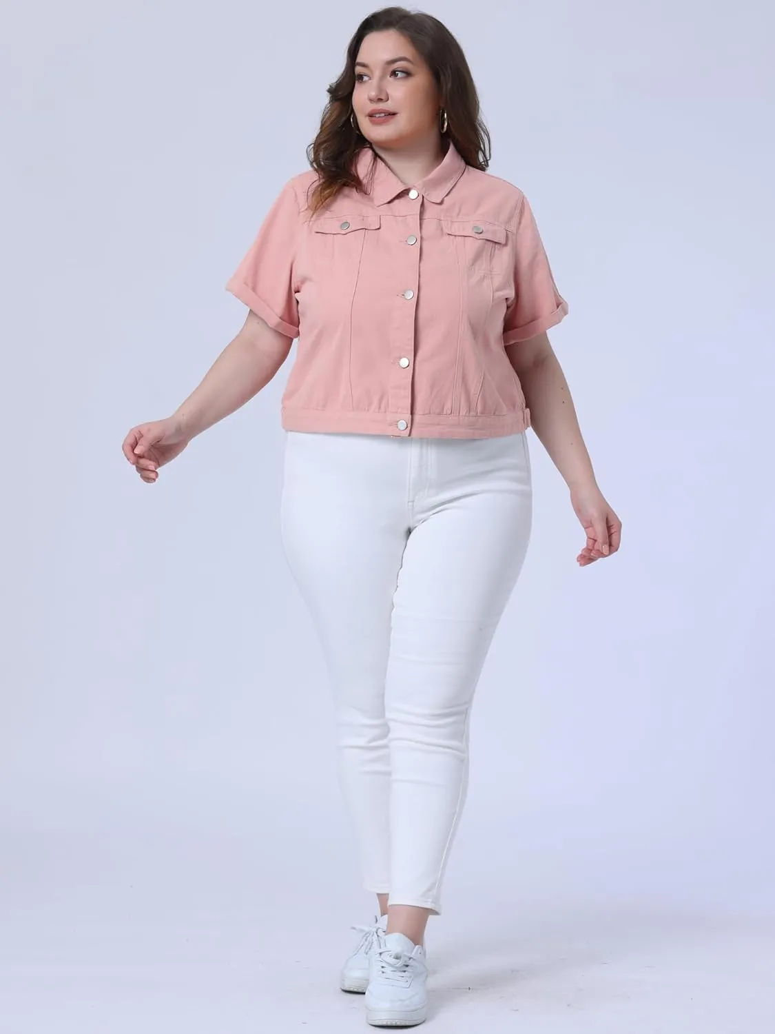 Agnes Orinda Women's Plus Size Denim Jacket Short Sleeve Lapel Button Front Work Western Outfit Jean Jackets