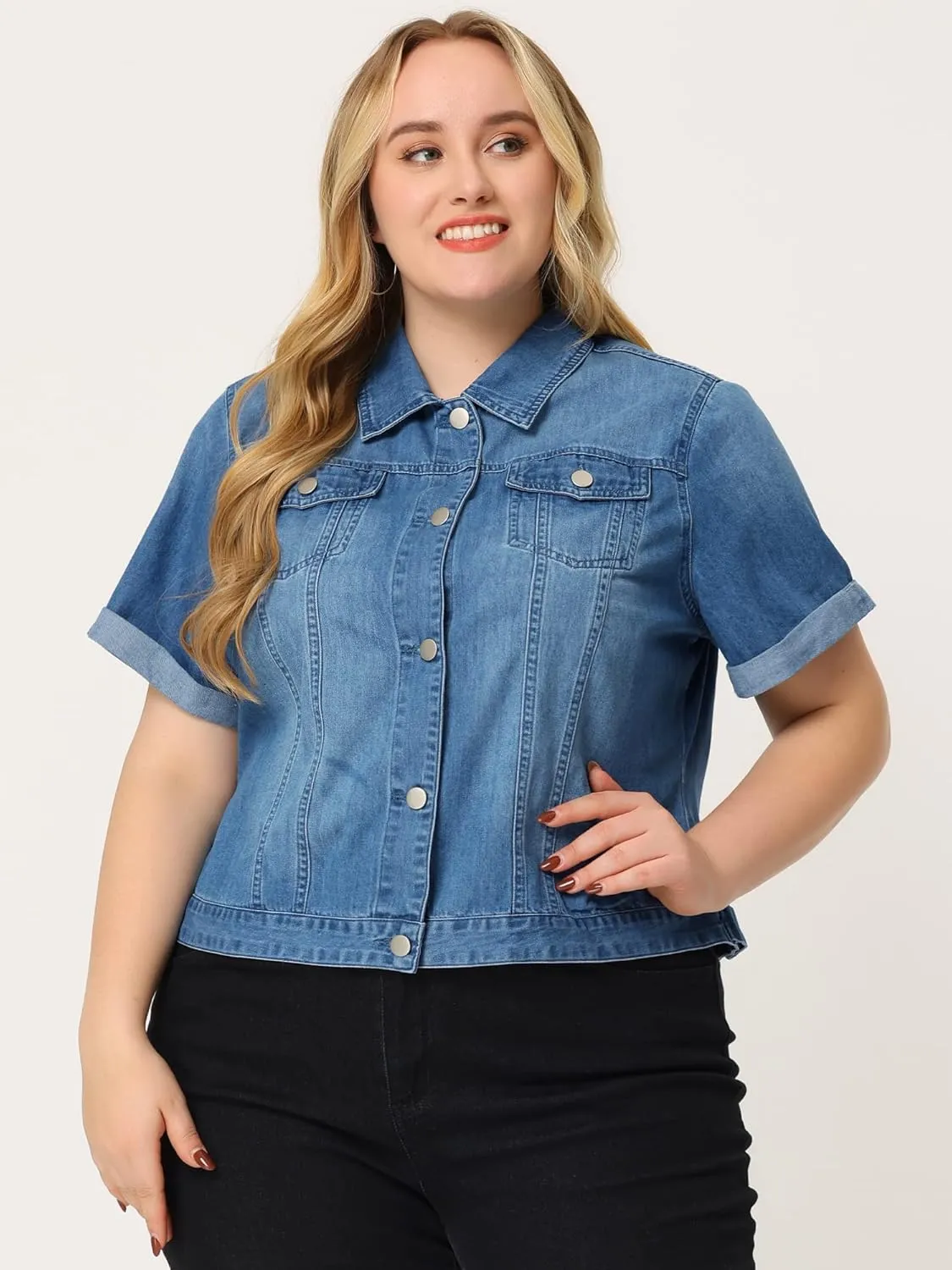 Agnes Orinda Women's Plus Size Denim Jacket Short Sleeve Lapel Button Front Work Western Outfit Jean Jackets