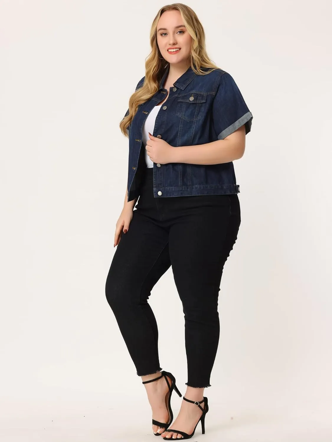 Agnes Orinda Women's Plus Size Denim Jacket Short Sleeve Lapel Button Front Work Western Outfit Jean Jackets
