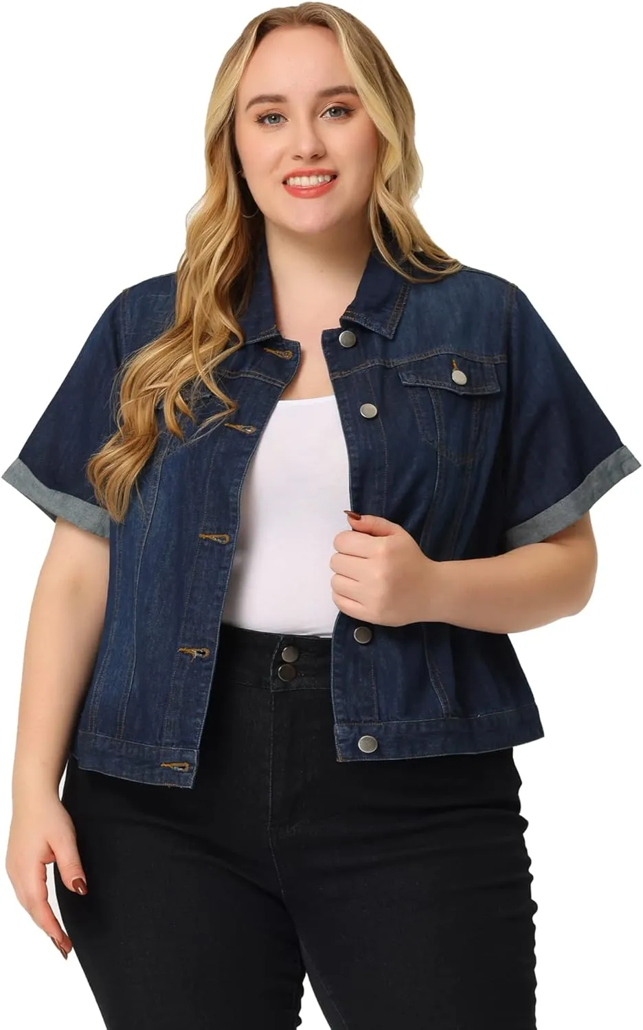 Agnes Orinda Women's Plus Size Denim Jacket Short Sleeve Lapel Button Front Work Western Outfit Jean Jackets