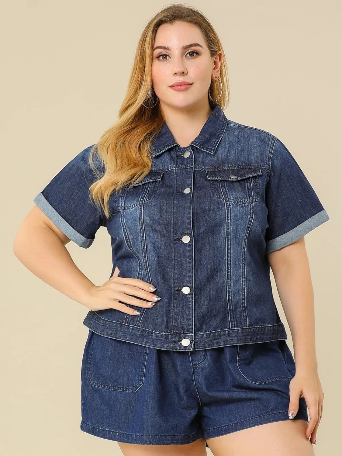 Agnes Orinda Women's Plus Size Denim Jacket Short Sleeve Lapel Button Front Work Western Outfit Jean Jackets