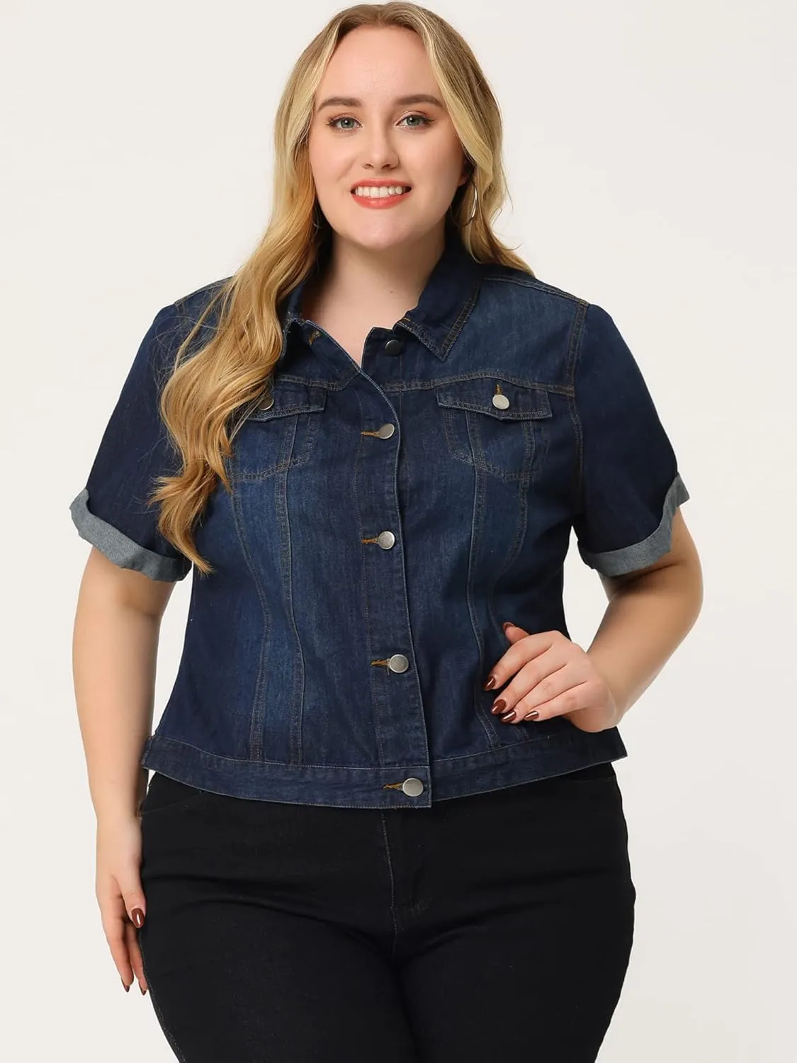 Agnes Orinda Women's Plus Size Denim Jacket Short Sleeve Lapel Button Front Work Western Outfit Jean Jackets
