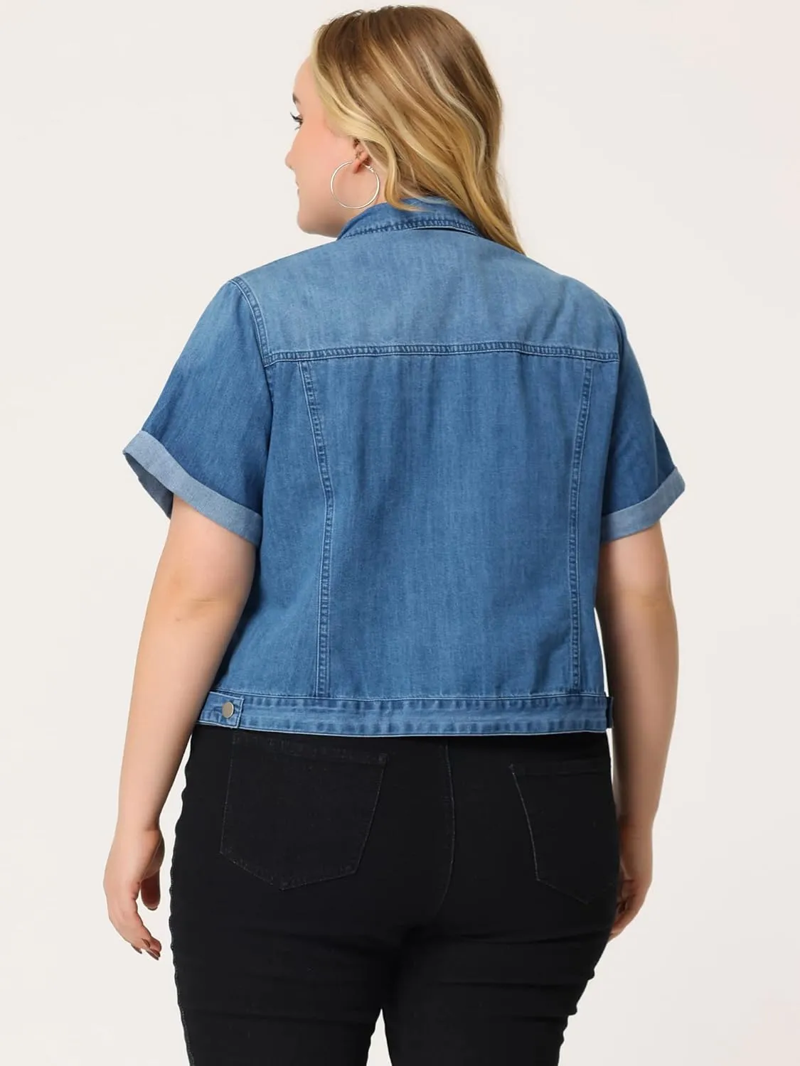 Agnes Orinda Women's Plus Size Denim Jacket Short Sleeve Lapel Button Front Work Western Outfit Jean Jackets