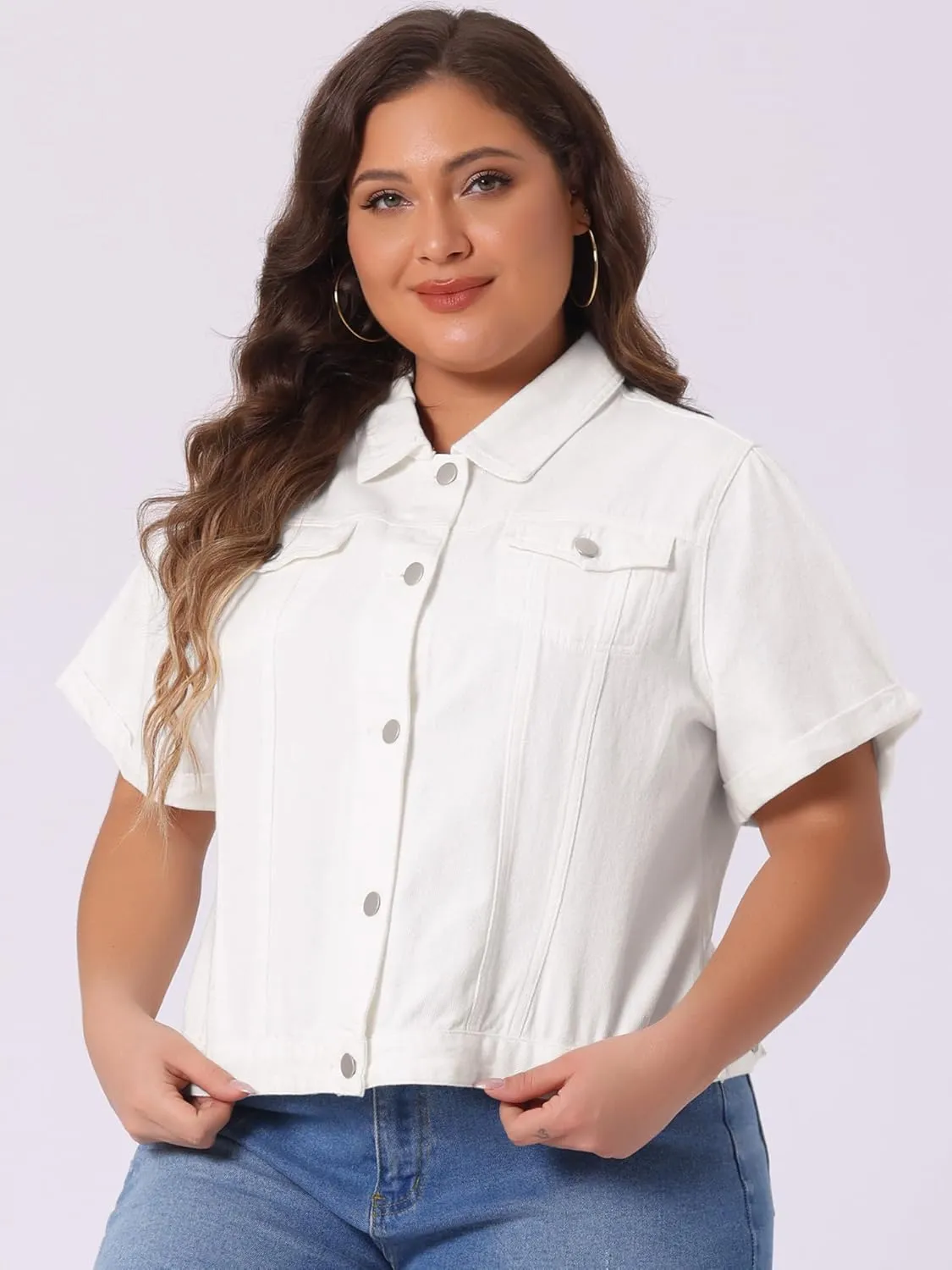 Agnes Orinda Women's Plus Size Denim Jacket Short Sleeve Lapel Button Front Work Western Outfit Jean Jackets