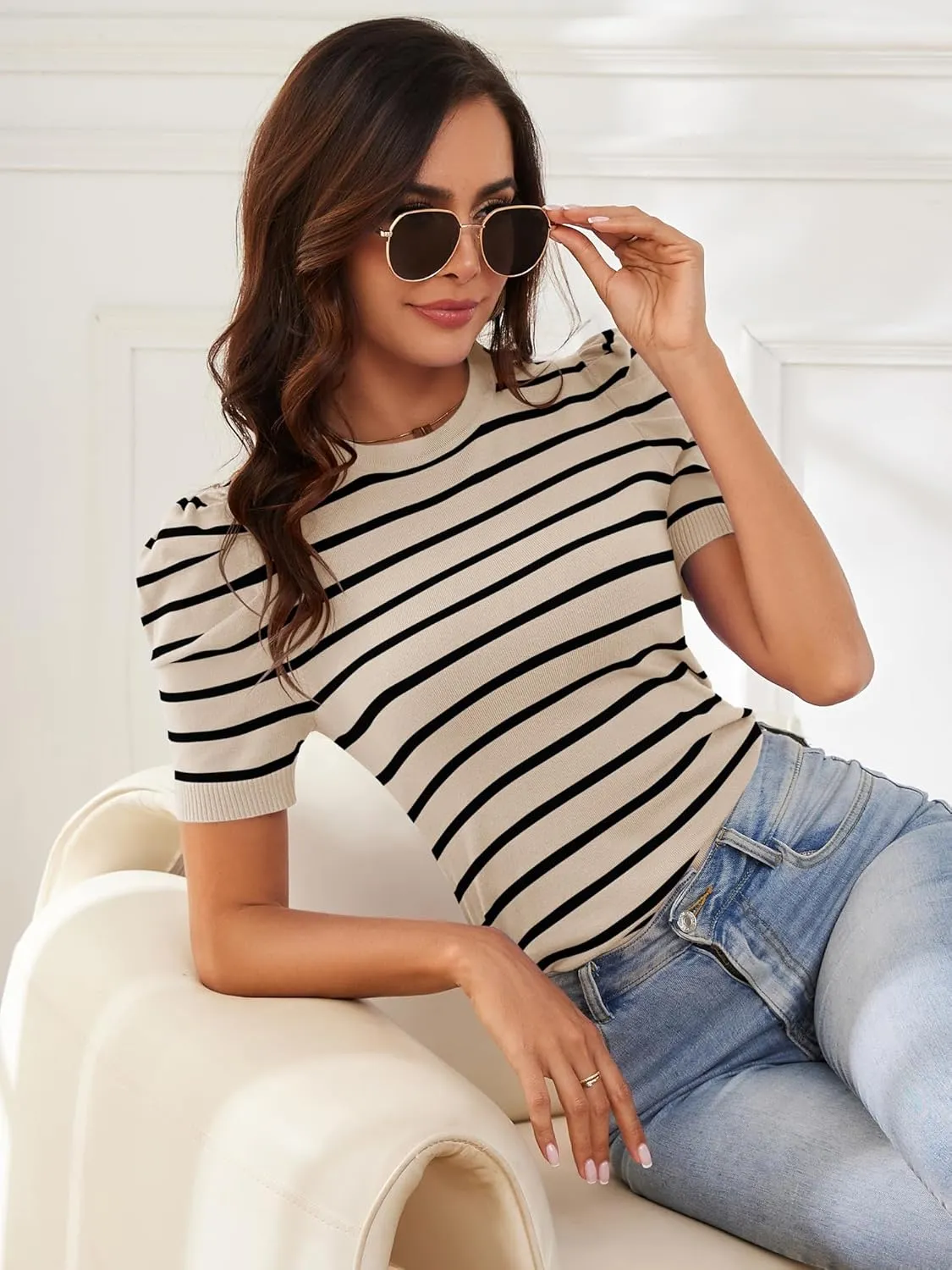 AKEWEI Puff Short Sleeve Sweater for Women Tops Trendy Spring Summer 2025 Business Casual Outfits Knit Crewneck Shirt Blouses