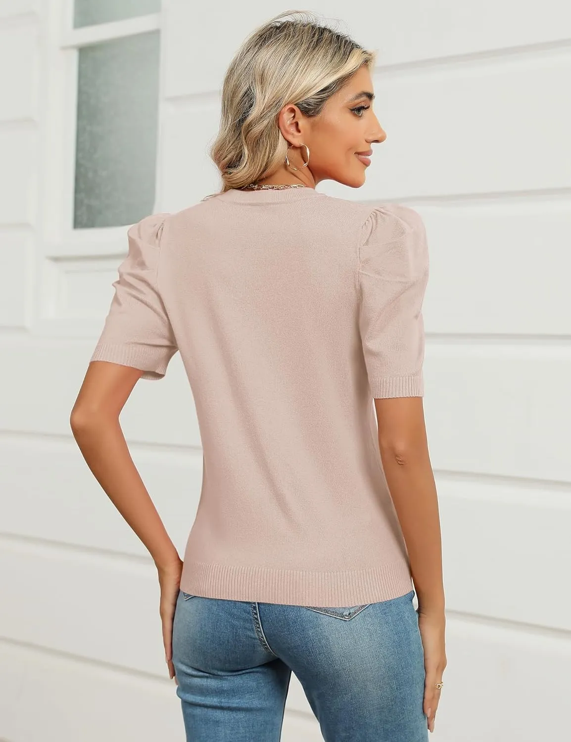 AKEWEI Puff Short Sleeve Sweater for Women Tops Trendy Spring Summer 2025 Business Casual Outfits Knit Crewneck Shirt Blouses