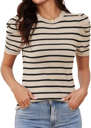 AKEWEI Puff Short Sleeve Sweater for Women Tops Trendy Spring Summer 2025 Business Casual Outfits Knit Crewneck Shirt Blouses