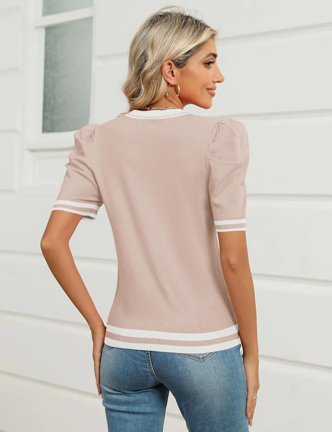 AKEWEI Puff Short Sleeve Sweater for Women Tops Trendy Spring Summer 2025 Business Casual Outfits Knit Crewneck Shirt Blouses