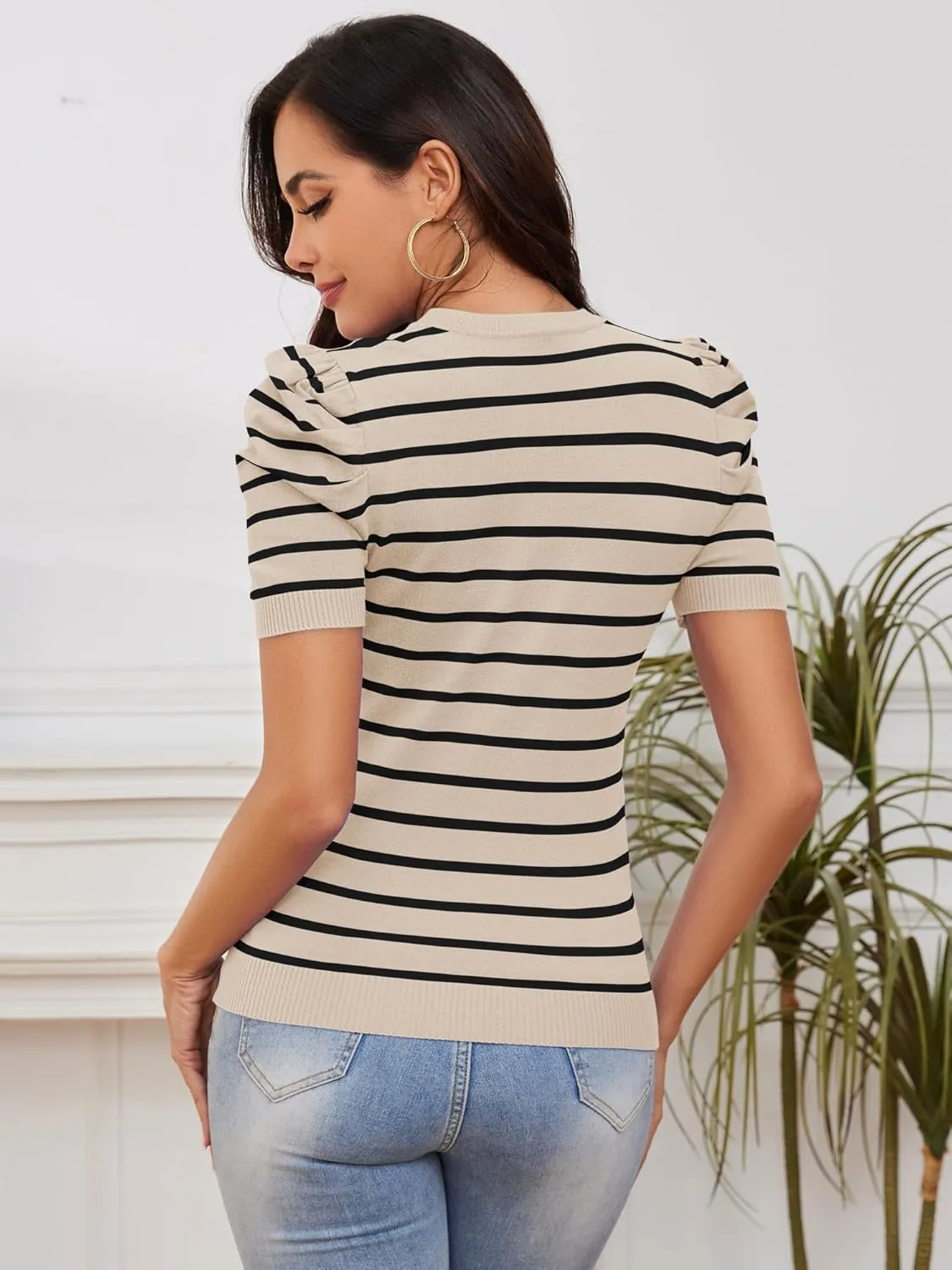 AKEWEI Puff Short Sleeve Sweater for Women Tops Trendy Spring Summer 2025 Business Casual Outfits Knit Crewneck Shirt Blouses