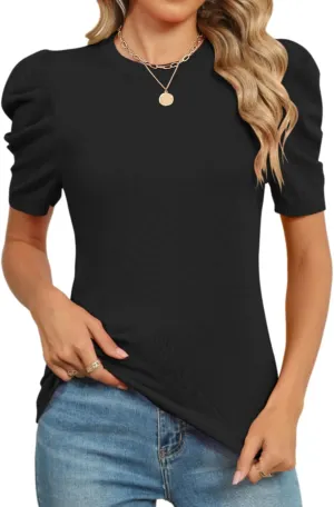 AKEWEI Puff Short Sleeve Sweater for Women Tops Trendy Spring Summer 2025 Business Casual Outfits Knit Crewneck Shirt Blouses