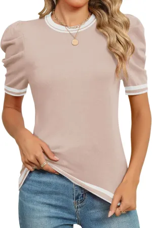 AKEWEI Puff Short Sleeve Sweater for Women Tops Trendy Spring Summer 2025 Business Casual Outfits Knit Crewneck Shirt Blouses