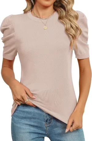 AKEWEI Puff Short Sleeve Sweater for Women Tops Trendy Spring Summer 2025 Business Casual Outfits Knit Crewneck Shirt Blouses