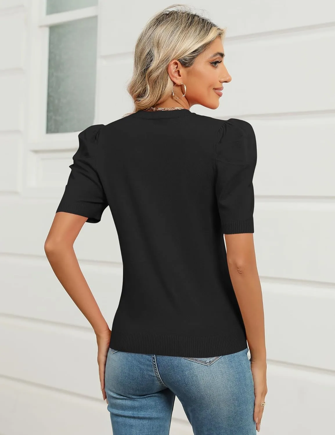 AKEWEI Puff Short Sleeve Sweater for Women Tops Trendy Spring Summer 2025 Business Casual Outfits Knit Crewneck Shirt Blouses