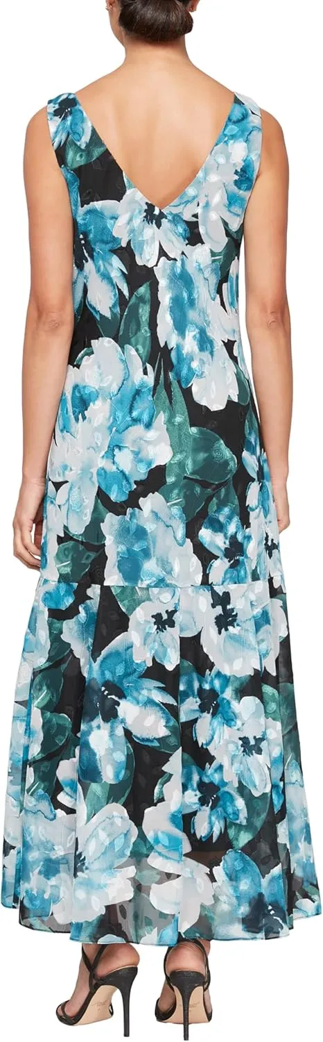 Alex Evenings Women's Formal Sleeveless Cowl Neck Floral Print Gown with Shawl, Wedding Guest, Mother of The Bride Dress
