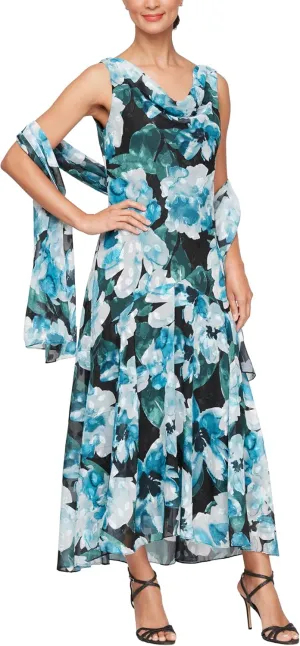 Alex Evenings Women's Formal Sleeveless Cowl Neck Floral Print Gown with Shawl, Wedding Guest, Mother of The Bride Dress