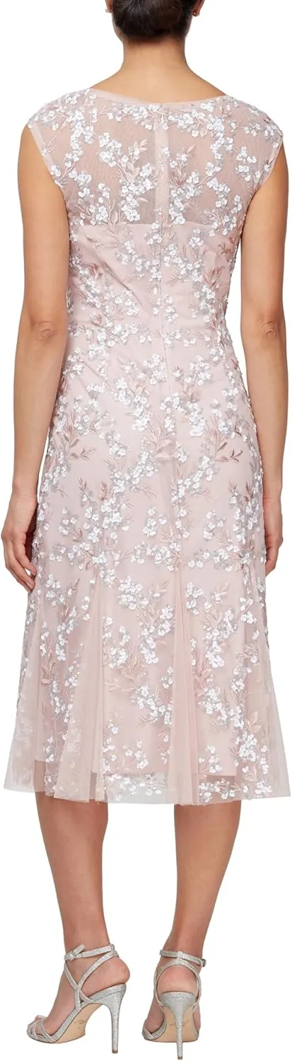 Alex Evenings Women's Tea Length Embroidered Cocktail Godets, Wedding Guest, Party Dress (Petite and Regular Sizes)