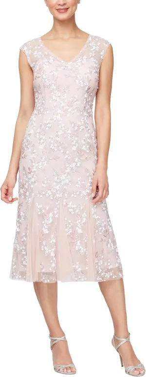 Alex Evenings Women's Tea Length Embroidered Cocktail Godets, Wedding Guest, Party Dress (Petite and Regular Sizes)