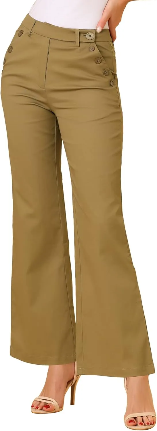 Allegra K Women's Bell Bottom 70s Long Pants High Waist Elegant Work Trousers
